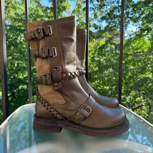 New Free People Billie Buckle Moto Boots Shoes Leather Western Green Brown